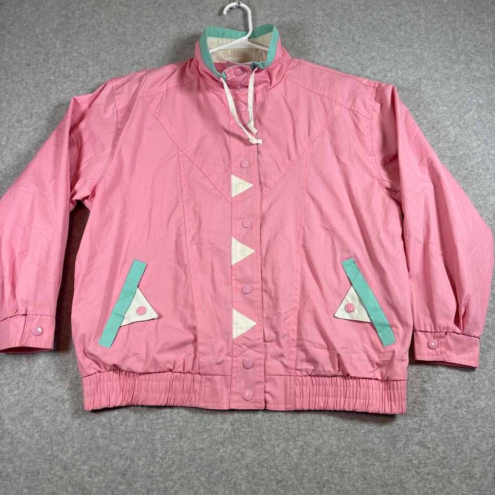 Vintage 80s Current Seen Jacket Womens Medium Pink Geometric Windbreaker Bomber